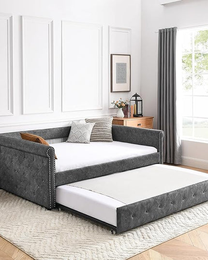 Upholstered Full Size Daybed with Twin Trundle, Solid Wood Sofa Bed Frame w/Button Tufted and Copper Nail on Square Arms, for Bedroom, Guest Room, No Spring Box Need, Grey - LeafyLoom