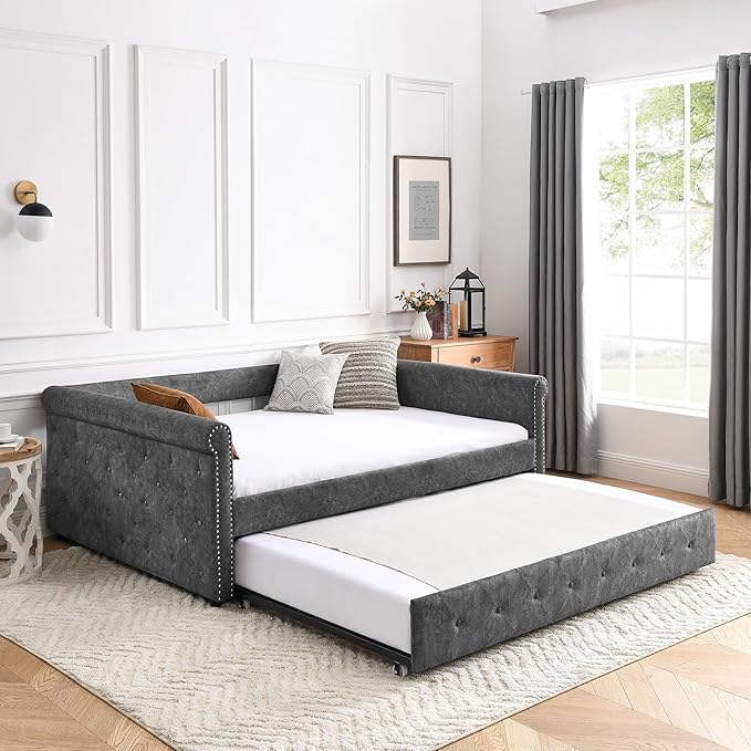 Upholstered Full Size Daybed with Twin Trundle, Solid Wooden Bed Frame w/Button Tufted and Copper Nail on Square Arms, No Spring Box Need - LeafyLoom