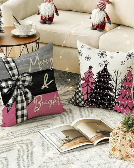 AVOIN colorlife Merry Christmas Joy Xmas Trees Pink Throw Pillow Covers, 18 x 18 Inch Christmas Winter Holiday Cushion Case Decoration for Sofa Couch Set of 4 AVOINcolorlife