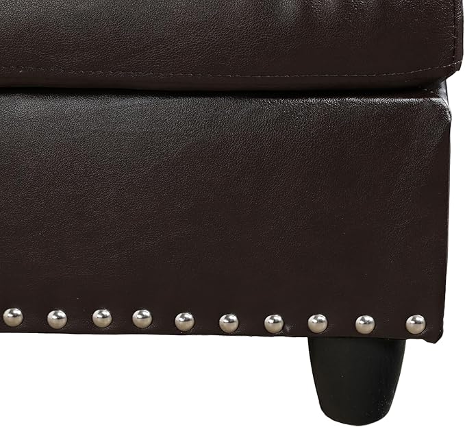 ROOMTEC Modern L Shaped Sectional Sofa with Storage Ottoman, Right Facing Chaise Longue, Reversible Backrest w/ 2 Cup Holders, Faux Leather Tufted Cushions, for Living Room, Apartment, Brown - LeafyLoom
