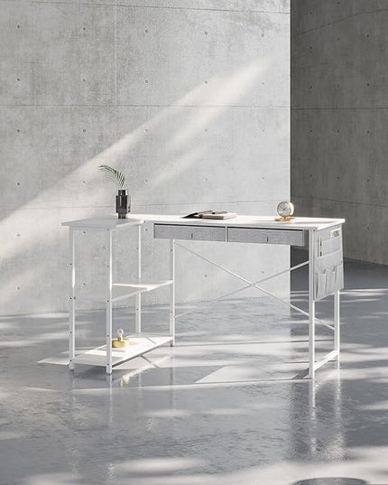 Ｍａｉｈａｉｌ Home Office Desk with Drawers and Shelves, 47” Computer Corner Desk for Small Space, Small L Shaped Desk with Side Storage for Bedroom, White - LeafyLoom