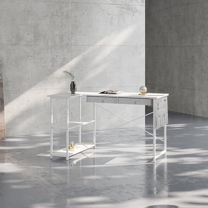 Ｍａｉｈａｉｌ Home Office Desk with Drawers and Shelves, 47” Computer Corner Desk for Small Space, Small L Shaped Desk with Side Storage for Bedroom, White - LeafyLoom
