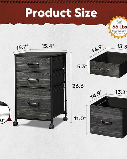 DEVAISE Mobile File Cabinet, Rolling Printer Stand with 3 Drawers, Fabric Vertical Filing Cabinet fits A4 or Letter Size for Home Office, Charcoal Black Wood Grain Print - LeafyLoom