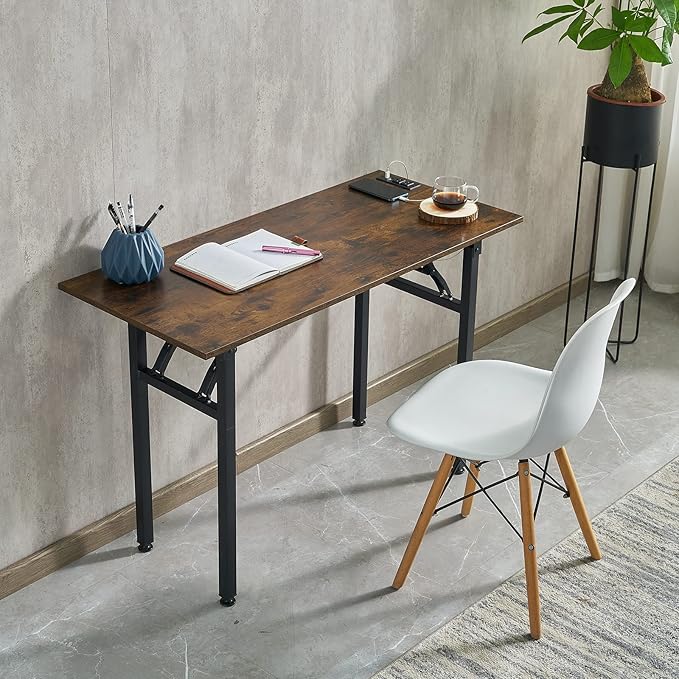 Frylr Foldable Desk 31.5'',Small Desks for Small Spaces with Power Outlet and USB Ports Charging Station,folding computer desk,Home Office Collapsible Desk,Stable Metal Frame,Rustic Brown - LeafyLoom