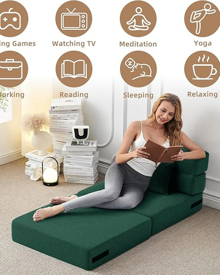 Convertible Folding Sofa Bed-Sleeper Chair with Pillow, Modern Linen Fabric Floor & Futon Couch, Foldable Mattress for Living Room/Dorm/Guest Use/Home Office/Apartment, Single Size,Dark Green - LeafyLoom