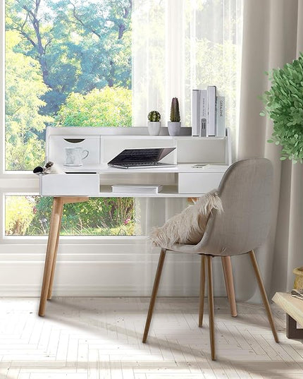Teamson Home Creativo Writing Study Computer Desk with Solid Wood Legs, Storage Drawers and Open Shelves Hutch for Home Office Living Room Reading Bedroom, 37 inch Height, White - LeafyLoom
