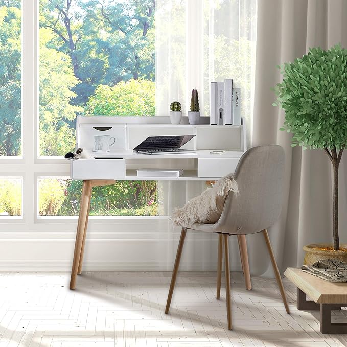 Teamson Home Creativo Writing Study Computer Desk with Solid Wood Legs, Storage Drawers and Open Shelves Hutch for Home Office Living Room Reading Bedroom, 37 inch Height, White - LeafyLoom