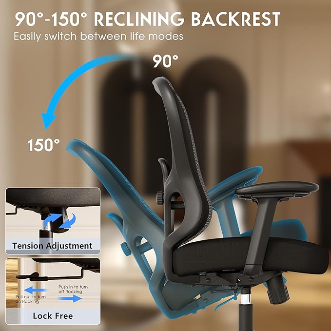Ergonomic Office Chair,Home Office Chair with Mesh Back,Multi-function Lumbar Support,Built-in Springs Seat,Executive Task Chair with 3-D Big Armrests,Tilt Function,Computer Desk Chair (Black) - LeafyLoom