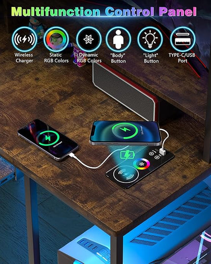 Lvifur RGB Gaming Desk with Wireless Charging Station,7 Dynamic & 24 Static Dimmable Computer Desk with Movable Table, 55'' Home Office Small Desk with Keyboard Tray,Monitor Stand,Display Stand - LeafyLoom