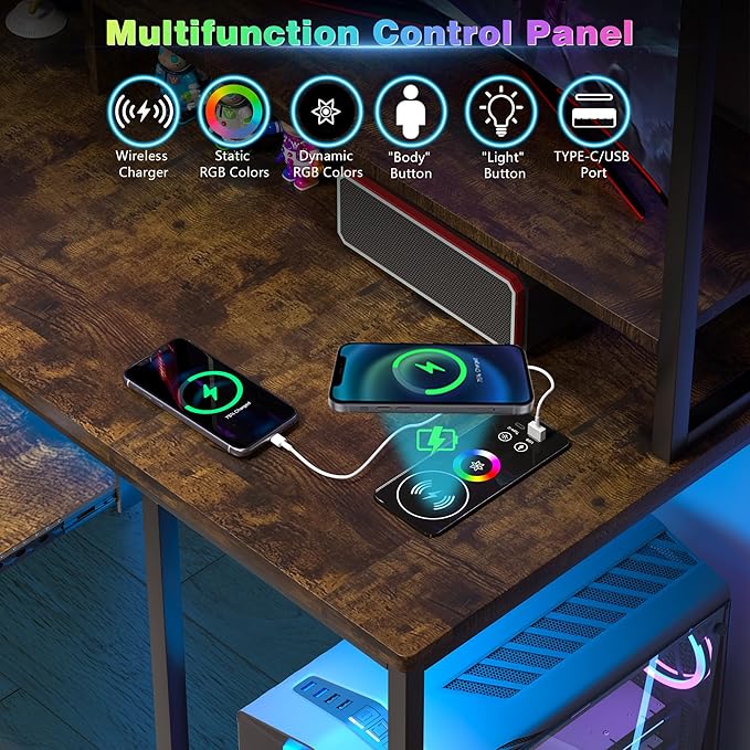Lvifur RGB Gaming Desk with Wireless Charging Station,7 Dynamic & 24 Static Dimmable Computer Desk with Movable Table, 55'' Home Office Small Desk with Keyboard Tray,Monitor Stand,Display Stand - LeafyLoom