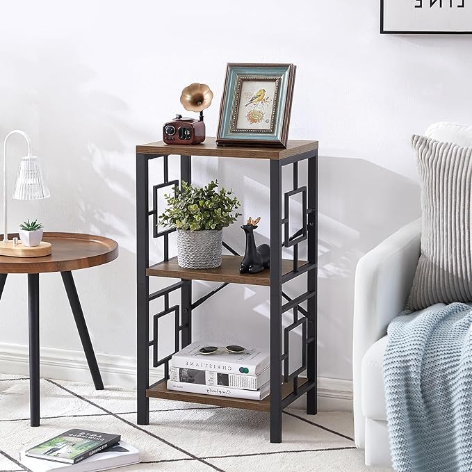 Small Bookshelf, 3 Tier Vintage Industrial Small Bookshelf for Small Spaces, Freestanding Open Shelf Bookcase, Versatile Bookcase for Home Office, Bedroom & Living Room, Retro Brown - LeafyLoom