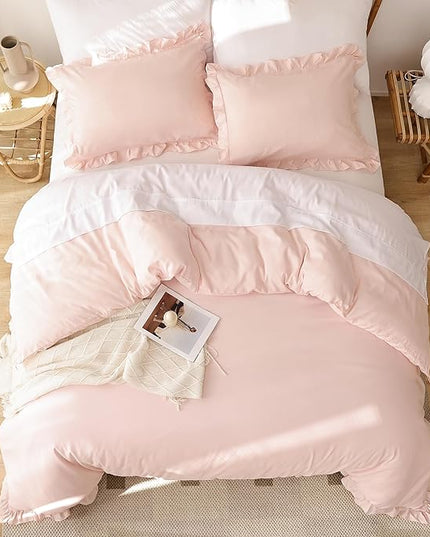 JANZAA Pink Comforter Set Queen Comforter Set 3PCS (1 Ruffled Blush Comforter and 2 Pillowcases) Vintage Shabby Chic Bedding Soft Fluffy Comforter Set All Season - LeafyLoom