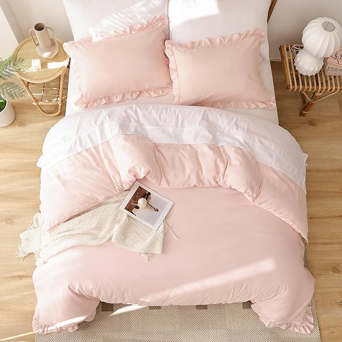 JANZAA Pink Comforter Set Queen Comforter Set 3PCS (1 Ruffled Blush Comforter and 2 Pillowcases) Vintage Shabby Chic Bedding Soft Fluffy Comforter Set All Season - LeafyLoom