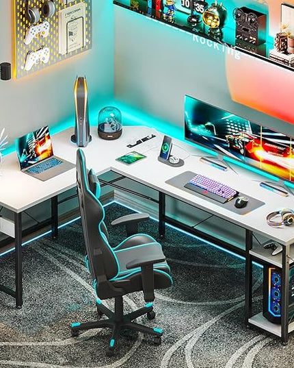 Coleshome L Shaped Computer Desk 66" with Power Outlet & Storage Shelves, Corner Sturdy Writing Desk Workstation, Modern Wooden Office Gaming Desk, Wood & Metal, White - LeafyLoom