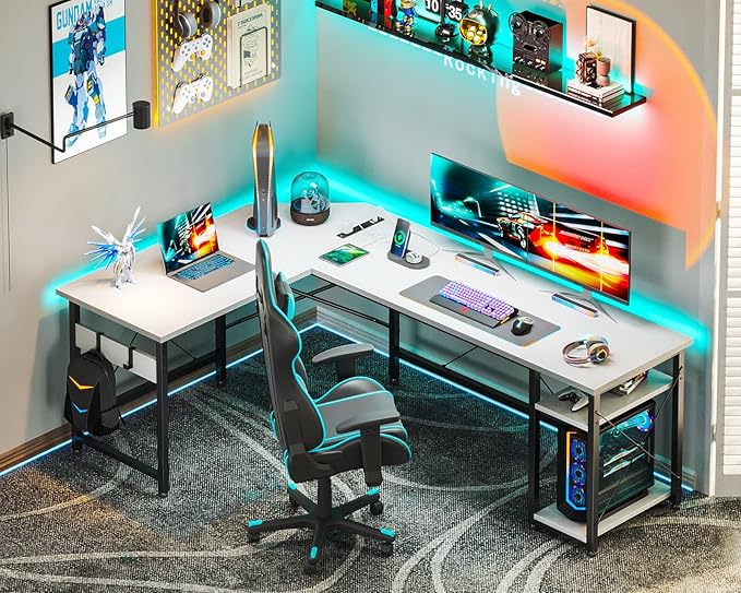 Coleshome L Shaped Computer Desk 66" with Power Outlet & Storage Shelves, Corner Sturdy Writing Desk Workstation, Modern Wooden Office Gaming Desk, Wood & Metal, White - LeafyLoom