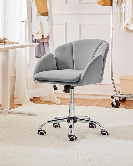 Yaheetech Cute Velvet Desk Chair for Home Office, Makeup Vanity Chair with Armrests for Bedroom Modern Swivel Rolling Chair for Women Light Gray - LeafyLoom