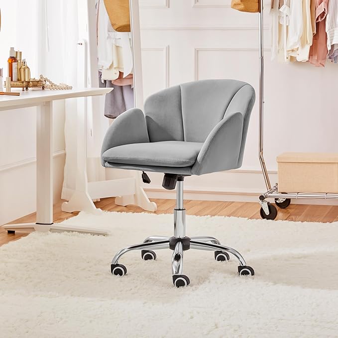 Yaheetech Cute Velvet Desk Chair for Home Office, Makeup Vanity Chair with Armrests for Bedroom Modern Swivel Rolling Chair for Women Light Gray - LeafyLoom