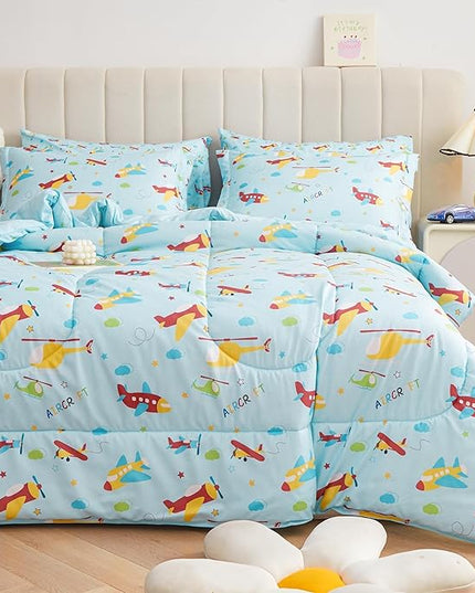 Mooreeke Bed in a Bag for Kids Boys Teens, 7 Pieces Full Size Aircraft Print Comforter Bed Set with Shams, Sheet Set, Airplane Blue Super Soft Microfiber Kids Comforter Bedding Set - LeafyLoom