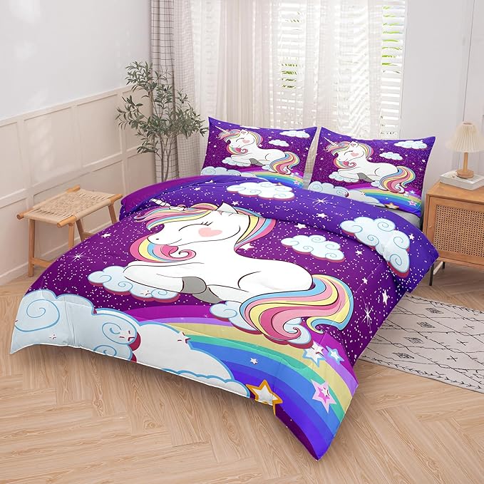Tailor Shop Unicorn Bedding Sets King Size,Purple Unicorn Comforter Sets for Girls Kids Teens with 2 Pillowcase… - LeafyLoom