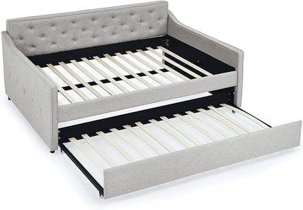 Full Size Daybed with win Size Trundle, Upholstered Tufted Day Bed, with Button Back and Waved Shape Arms, Wood Slat Support, No Spring Box Need, for Bedroom, Livingroom, Beige - LeafyLoom