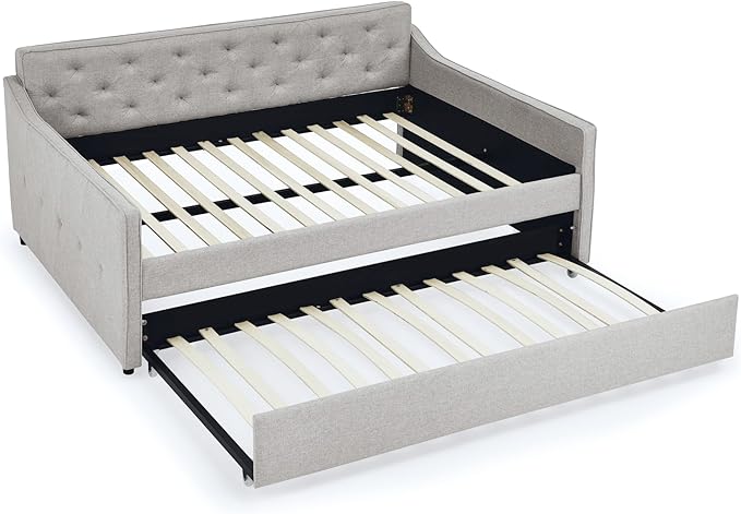 Full Size Daybed with win Size Trundle, Upholstered Tufted Day Bed, with Button Back and Waved Shape Arms, Wood Slat Support, No Spring Box Need, for Bedroom, Livingroom, Beige - LeafyLoom
