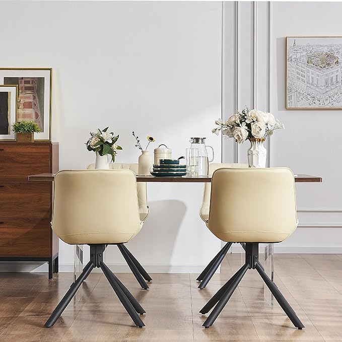 YOUNUOKE Upholstered Dining Chairs Set of 2 Comfortable Mid Century Modern Kitchen Chair with Sturdy Metal Legs Faux Leather Dinner Chairs for Kitchen Dining Room, Beige - LeafyLoom