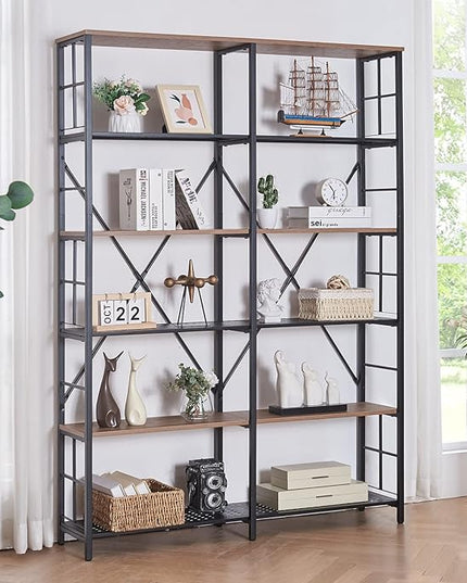 HOMISSUE Double Wide 6-Tier Bookshelf,Industrial Bookcases with Metal Frame,Open Large Storage Bookshelves,Wood Style and Metal Tall Display Shelves for Living Room Office,Brown - LeafyLoom