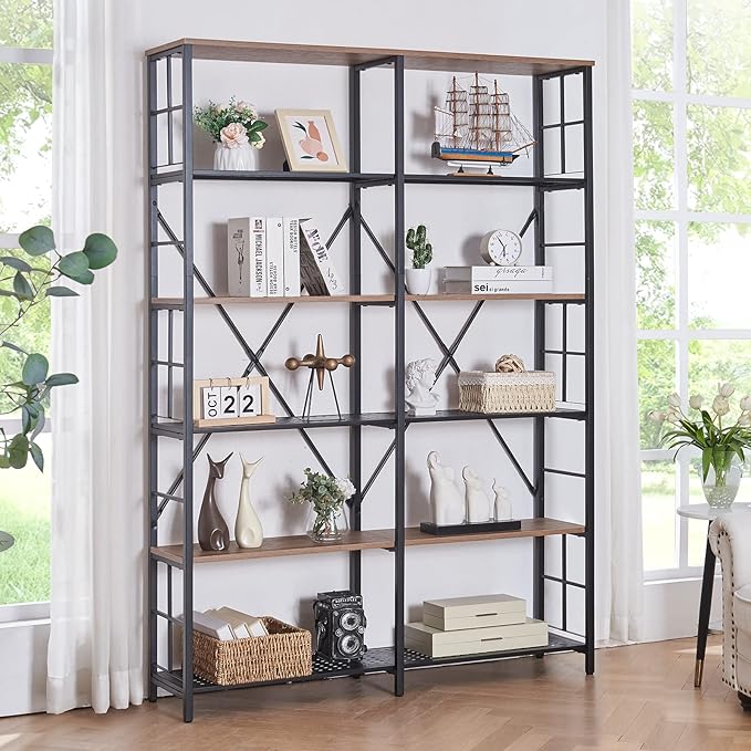HOMISSUE Double Wide 6-Tier Bookshelf,Industrial Bookcases with Metal Frame,Open Large Storage Bookshelves,Wood Style and Metal Tall Display Shelves for Living Room Office,Brown - LeafyLoom