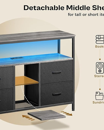 TV Stand Dresser with Power Outlets and LED Lights, 4 Drawers Entertainment Center with Open Shelf, Media Console for 50 43 Inch TV, Dresser with PU Finish, Grey and Black - LeafyLoom