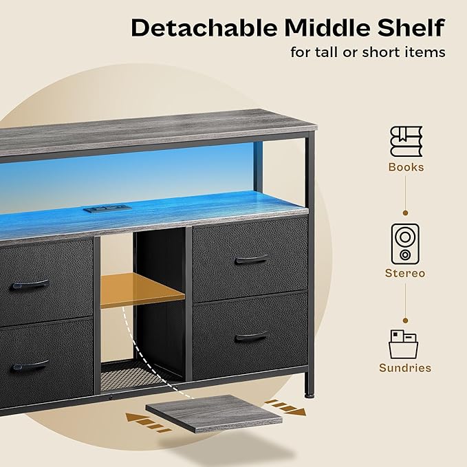 TV Stand Dresser with Power Outlets and LED Lights, 4 Drawers Entertainment Center with Open Shelf, Media Console for 50 43 Inch TV, Dresser with PU Finish, Grey and Black - LeafyLoom