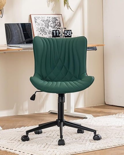 YOUTASTE Dark Green Office Chair Modern Armless Desk Chair with Wheels, Adjustable Swivel Rocking Rolling Computer Gaming Chair, Upholstered Faux Leather Sewing Chairs with Back - LeafyLoom
