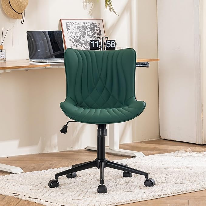 YOUTASTE Dark Green Office Chair Modern Armless Desk Chair with Wheels, Adjustable Swivel Rocking Rolling Computer Gaming Chair, Upholstered Faux Leather Sewing Chairs with Back - LeafyLoom