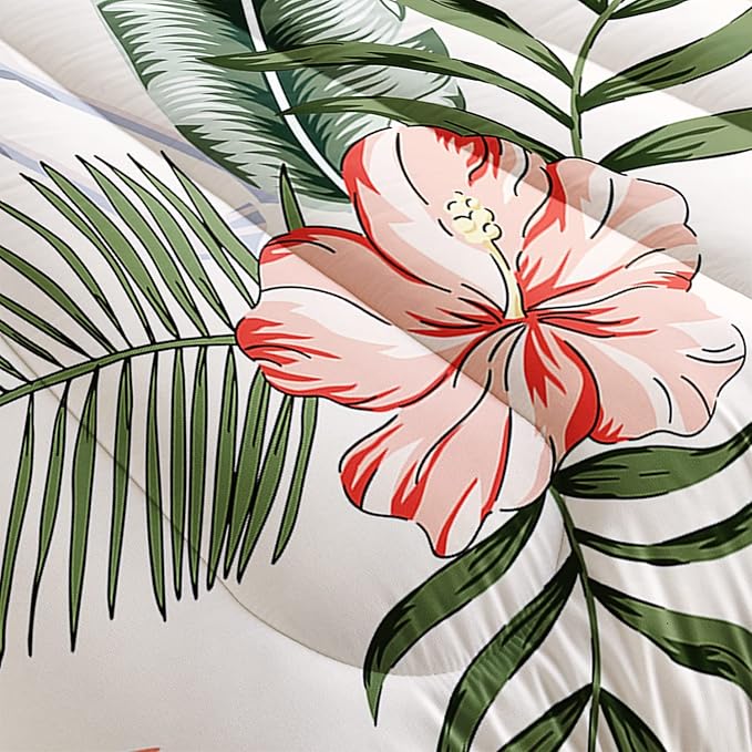 Flamingo Comforter Set Twin Size Tropical Flamingo Palm Tree Leaf Pattern Bedding Set Flower Quilted Duvet for Kids Girls Boys Adult with 1 Comforter and 2 Pillowcases - LeafyLoom