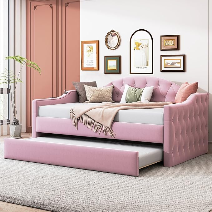 Twin Size Velvet Tufted Upholstered Daybed with Trundle, Modern Solid Wood Bed w/USB & Type-C Charging Ports, No Box-spring Needed, for Bedroom Living Room, Pink-1 - LeafyLoom