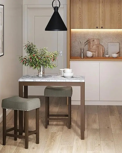 Nathan James Viktor 3 Piece Dining Set, Heigh Kitchen Counter Pub or Breakfast Table with Marble Top and Fabric Wood Base Seat, Gray/Dark Brown - LeafyLoom
