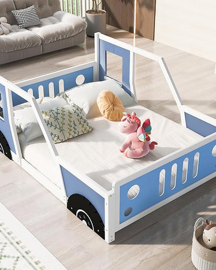 Full Size Floor Bed for Kids, Race Car-Shaped Wooden Platform Montessori Bed Frame with Guardrail and Door for Boys Girls Child's Bedroom, Slats Included, No Spring Need (Blue) - LeafyLoom