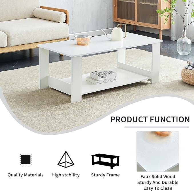 Farmhouse Wood Coffee Table - Boho Tea Table with Storage Shelf, Rectangle Center Table Wood Look Accent Table, 2-Tier Sofa Side Table Modern Rectangular Coffee Table Living Room Furniture - LeafyLoom