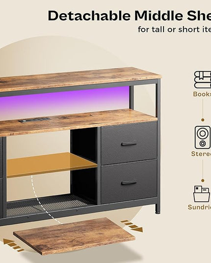 TV Stand Dresser with Power Outlets and LED Lights, 4 Drawers Entertainment Center with Shelves, 54 Inch Media Console for 55 60 Inch TV, PU Finish, Rustic Brown and Black - LeafyLoom