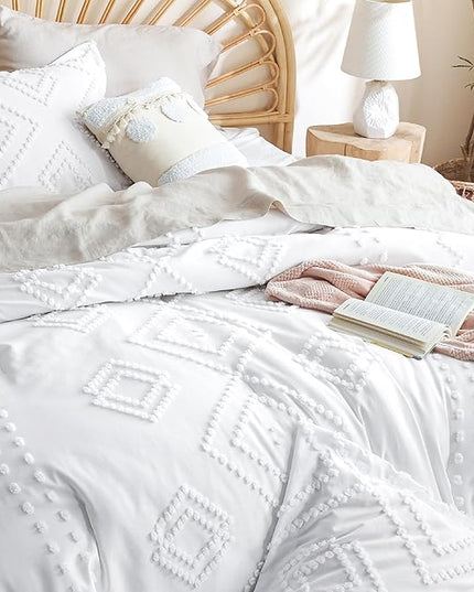 Bedsure Boho Comforter Set King - White Tufted Bedding Comforter Set, 3 Pieces Farmhouse Shabby Chic Embroidery Bedding Set, Soft Geometric Pattern Comforter for All Seasons - LeafyLoom