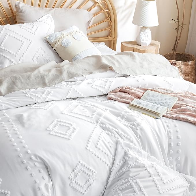 Bedsure Boho Comforter Set King - White Tufted Bedding Comforter Set, 3 Pieces Farmhouse Shabby Chic Embroidery Bedding Set, Soft Geometric Pattern Comforter for All Seasons - LeafyLoom