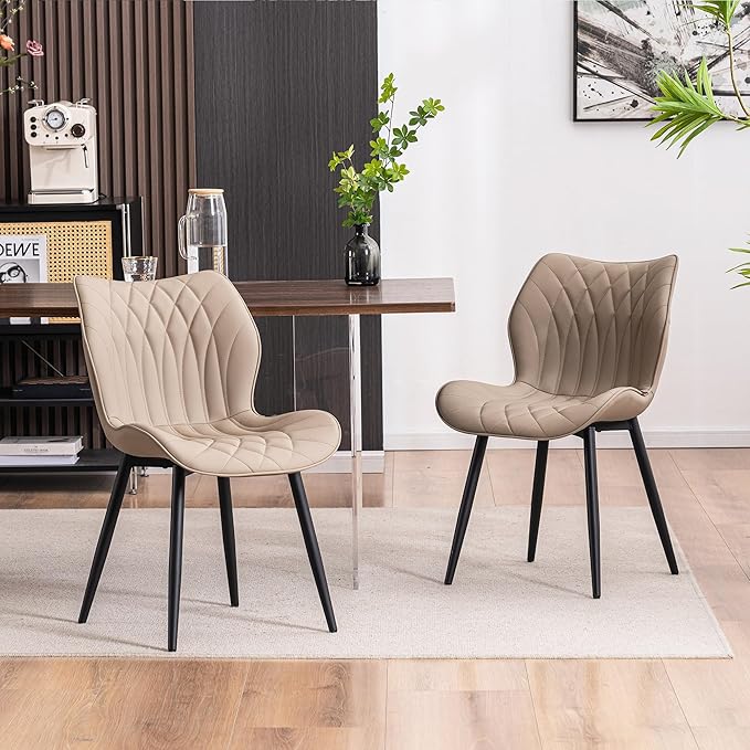 YOUNIKE Dining Chairs Set of 2, Upholstered Leather Kitchen Dining Room Chairs, Modern Living Room Bedroom Side Chairs with Wide Curved Back and Metal Legs, Kitchen Chairs Khaki Taupe - LeafyLoom