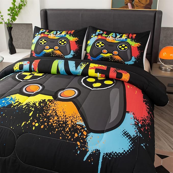 Game Console Comforter Set for Boys Colorful Graffiti Gaming Lightweight Microfiber Bedding Sets Modern Gamer Duvet for All Season Teens Bedroom Decor - LeafyLoom