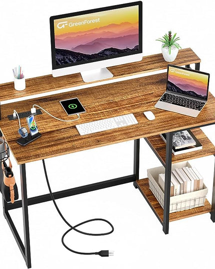GreenForest Computer Desk with USB Charging Port and Power Outlet, Reversible Home Office Desk with Monitor Stand and Storage Shelves, 40 inch Work Desk with Cup Holder and Hook, Walnut - LeafyLoom