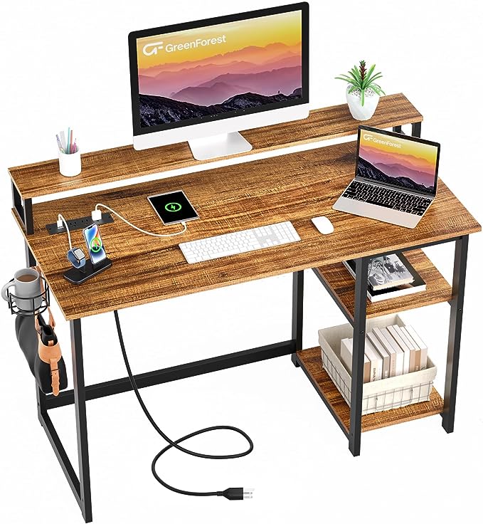 GreenForest Computer Desk with USB Charging Port and Power Outlet, Reversible Home Office Desk with Monitor Stand and Storage Shelves, 40 inch Work Desk with Cup Holder and Hook, Walnut - LeafyLoom