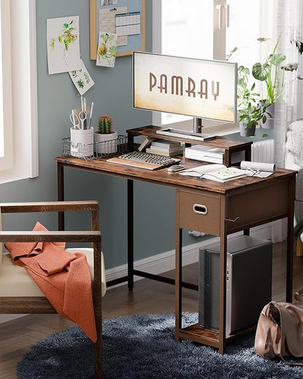 Pamray 39 Inch Computer Desk with Monitor Stand Small Home Office Desks with Non-Woven Storage Drawer for Bedroom Study Table Writing and Work Desk Vintage,Brown Leg - LeafyLoom