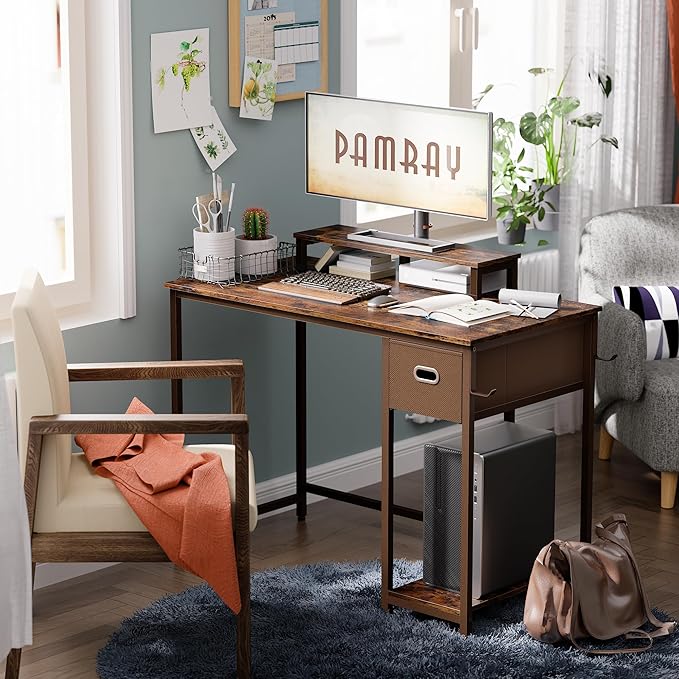 Pamray 39 Inch Computer Desk with Monitor Stand Small Home Office Desks with Non-Woven Storage Drawer for Bedroom Study Table Writing and Work Desk Vintage,Brown Leg - LeafyLoom