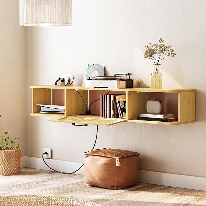 HOOBRO Floating TV Stand for TV up to 65 inches, Wall-Mounted TV Cabinet with 4 Power Outlet, Floating Entertainment Center TV Media Console Shelves with Rattan Flip-Down-Door, Natural NL140UDS01 - LeafyLoom