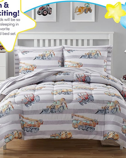 Kids Bedding Set Bed in a Bag for Boys and Girls Toddlers Printed Sheet Set and Comforter , Twin, Trucks - LeafyLoom