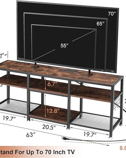 VECELO TV Stand with Power Outlets for Televisions Up to 70 Inch, Industrial Entertainment Center with 3-Tier Open Storage Shelves & 6 Hooks for Living, Bedroom and Gaming Room, 63 Inch, Brown - LeafyLoom
