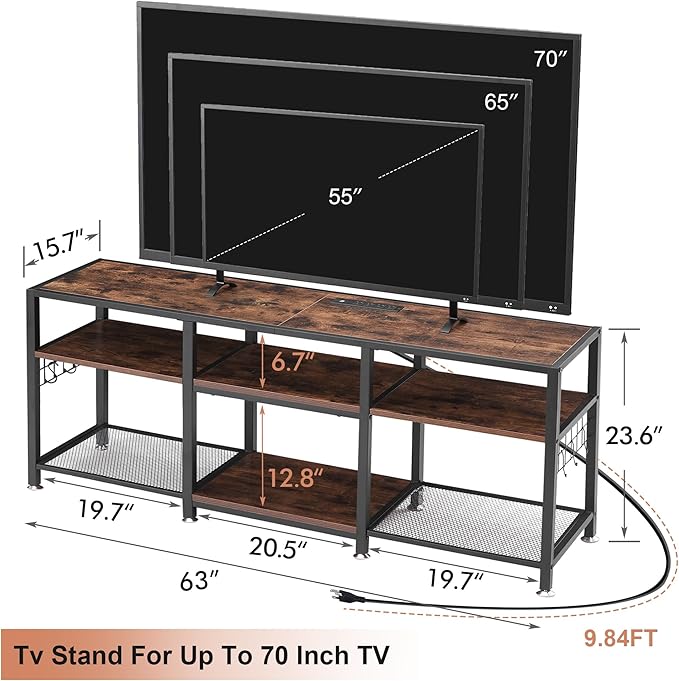 VECELO TV Stand with Power Outlets for Televisions Up to 70 Inch, Industrial Entertainment Center with 3-Tier Open Storage Shelves & 6 Hooks for Living, Bedroom and Gaming Room, 63 Inch, Brown - LeafyLoom